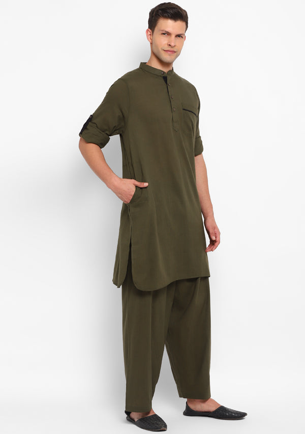 Military Green Cotton Kurta and Pathani Salwar For Men
