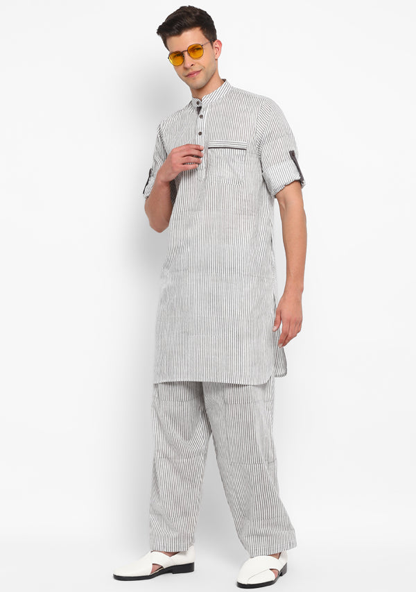 Grey White Striped Cotton Kurta and Pathani Salwar For Men