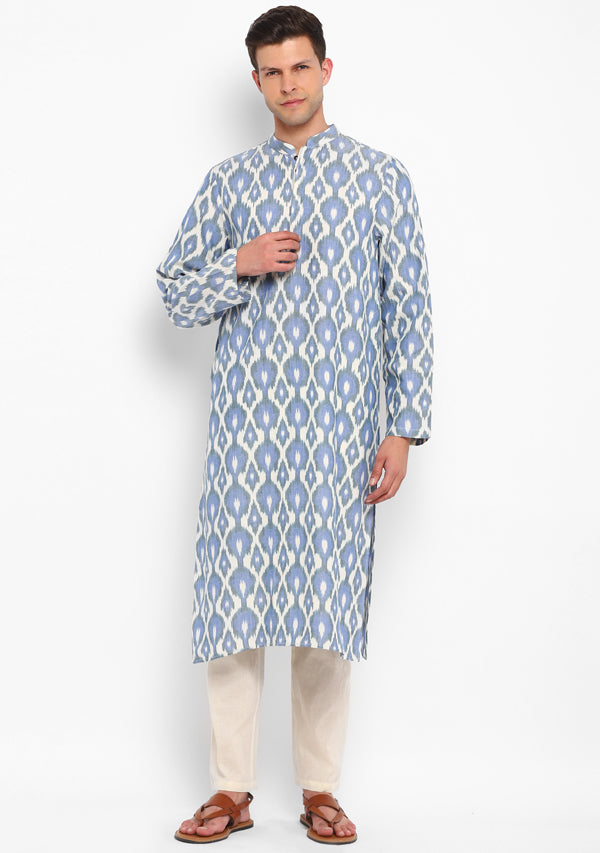 Ivory Blue Ikat Weave Long Kurta with Pants For Men