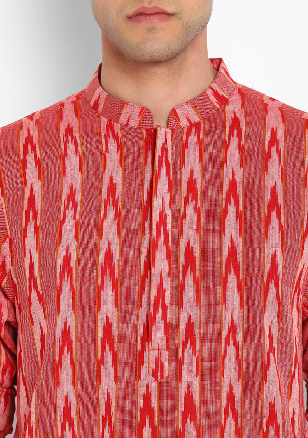 Red Beige Ikat Weave Long Kurta with Pants For Men