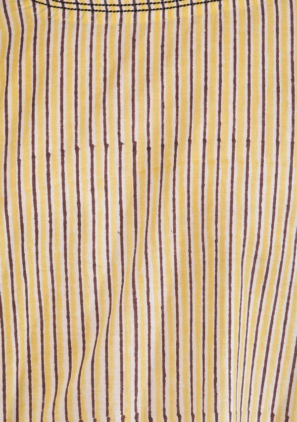 Yellow Brown Striped Hand Block Printed Short Kaftan With Pants/ Co-ord Set