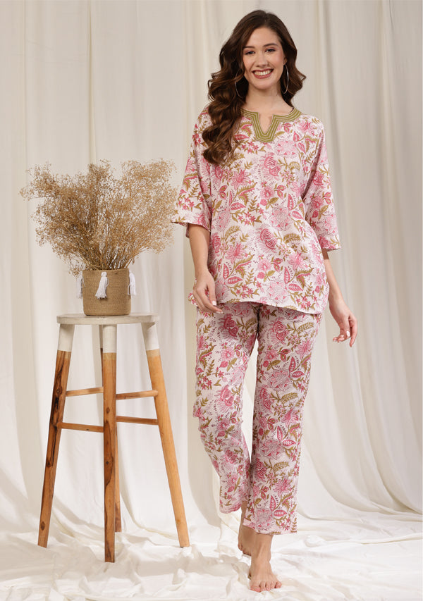 White Pink Floral Hand Block Printed Cotton Night Suit