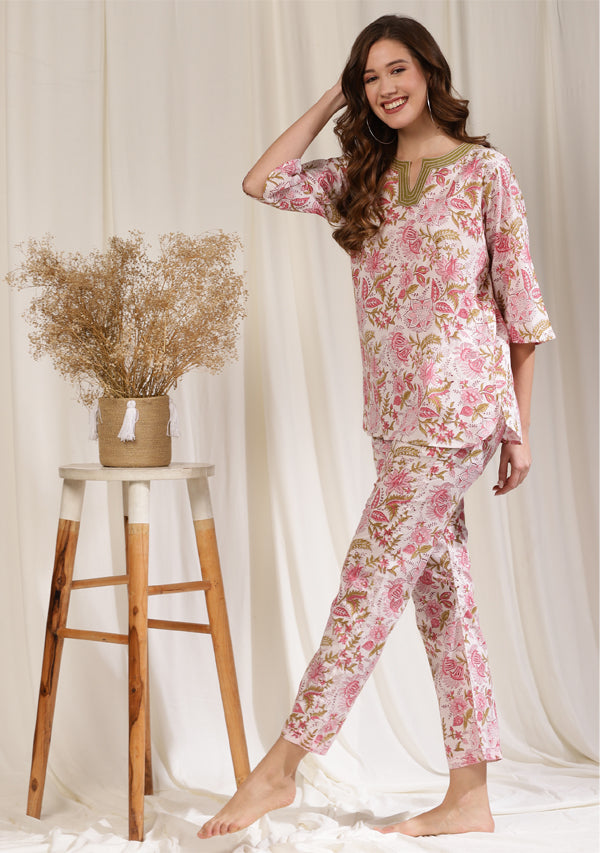 White Pink Floral Hand Block Printed Cotton Night Suit