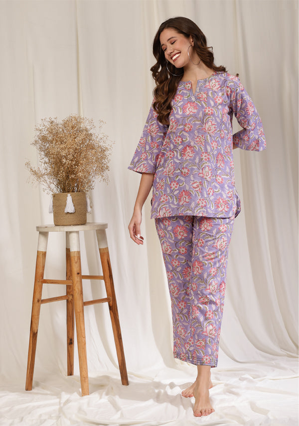 Mauve Pink Floral Hand Block Printed Cotton Night Suit