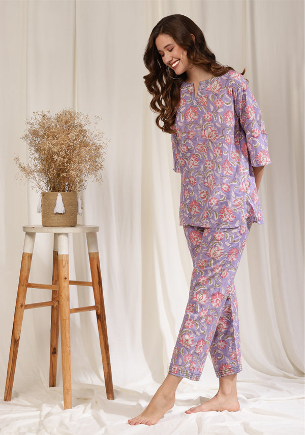 Mauve Pink Floral Hand Block Printed Cotton Night Suit