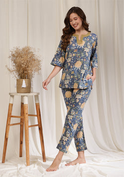 Blue Yellow Hand Block Floral Printed Cotton Night Suit