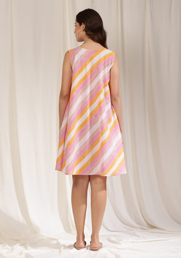 Pink Yellow Striped Hand block Printed Short Flowy Sleeveless Cotton Dress