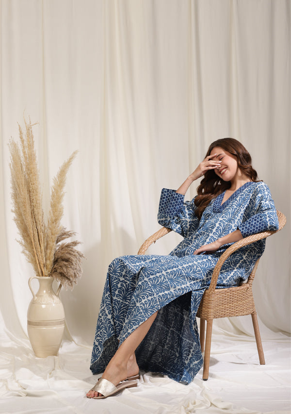 Indigo Ivory Floral Hand Block Printed Cotton Nighty Kaftan with Striped Plackets