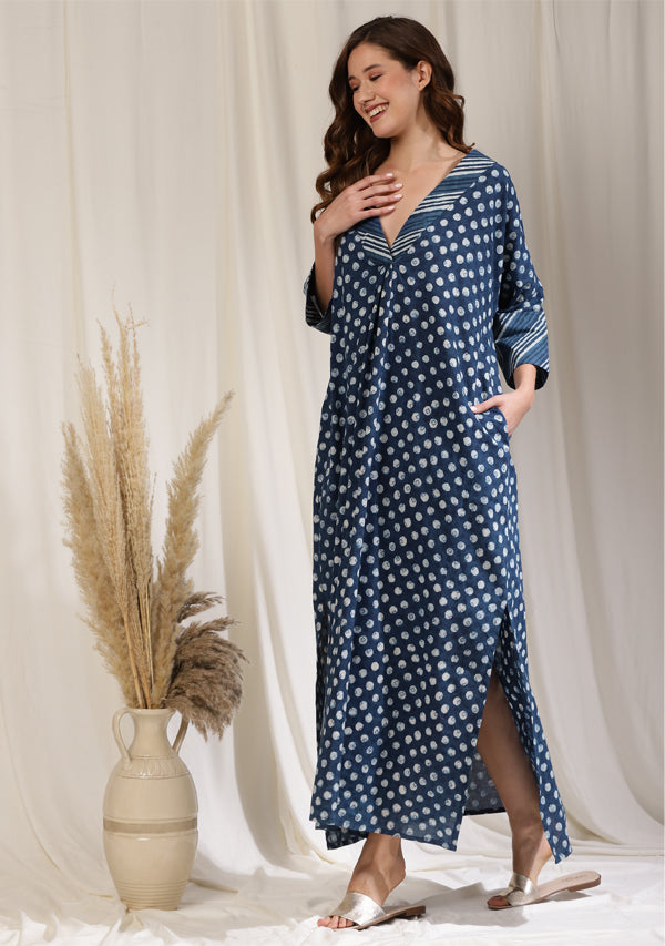 Indigo Ivory Dotted Hand Block Printed Cotton Nighty Kaftan with Striped Plackets