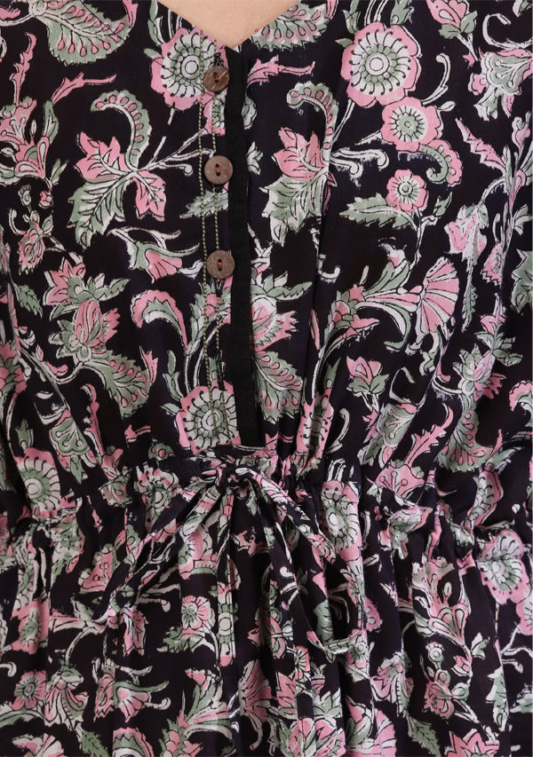 Black Pink Floral Hand Block Printed Calf Length Cotton Kaftan Dress