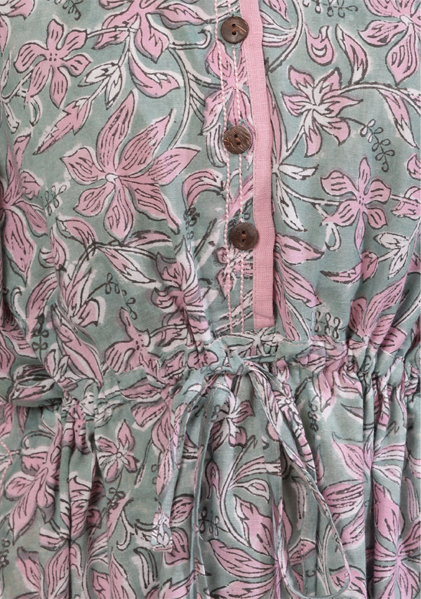Aqua Pink Floral Hand Block Printed Calf Length Cotton Kaftan Dress