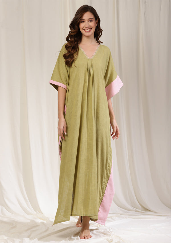 Soft Green Cotton Kaftan with Gathers and Contrast Baby Pink Borders