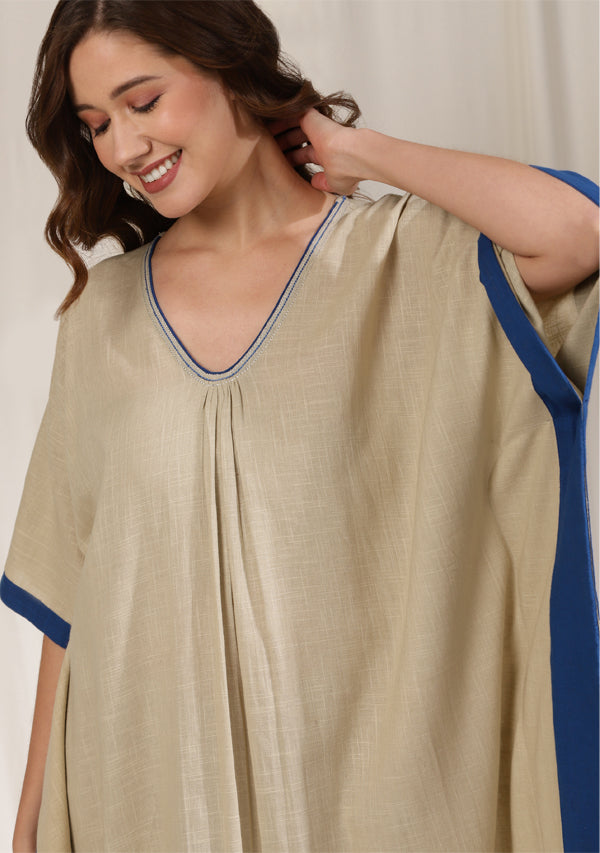 Beige Cotton Kaftan with Gathers and Contrast Royal Blue Borders