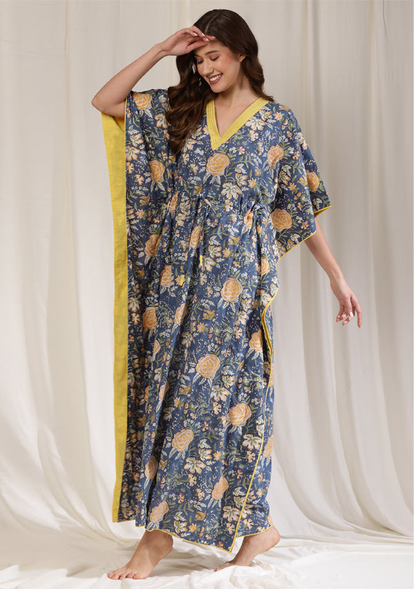 Blue Yellow  Floral Hand Block Printed Cotton Kaftan with Bronze Trimmings on neckline
