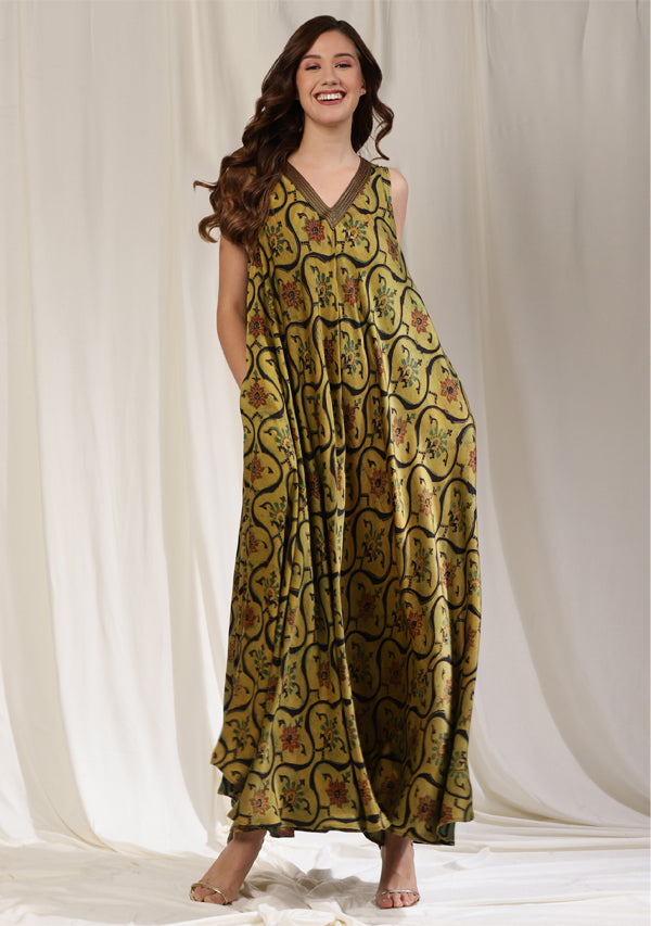 Mustard Green Hand Block Printed Sleeveless Long Modal Dress with Bronze Trimmings