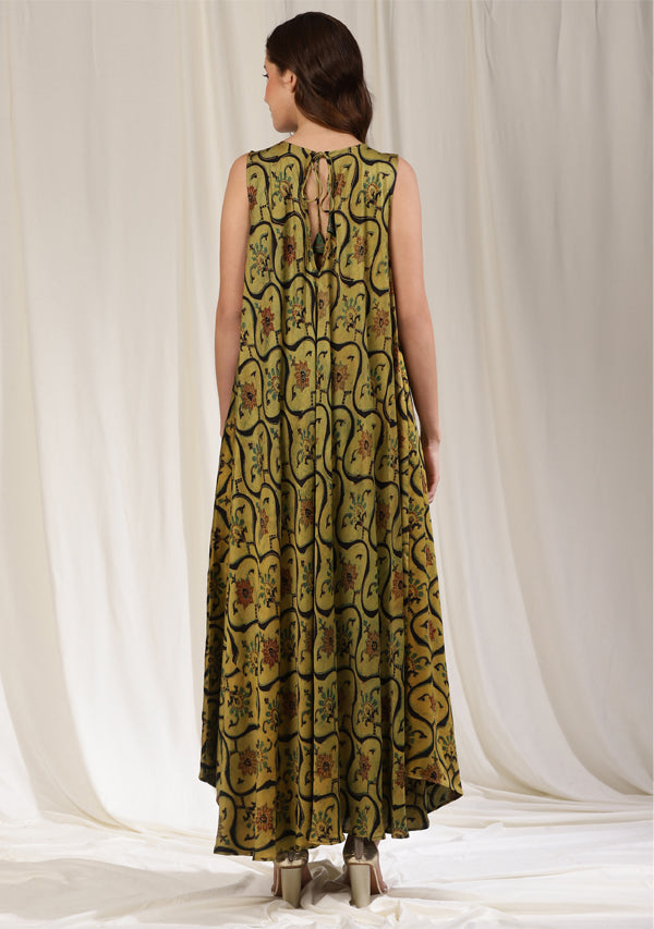 Mustard Green Hand Block Printed Sleeveless Long Modal Dress with Bronze Trimmings