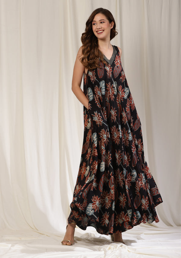 Black Blue Floral Hand Block Floral Printed Sleeveless Long Modal Dress with Bronze Trimmings