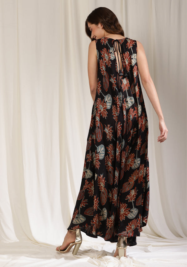 Black Blue Floral Hand Block Floral Printed Sleeveless Long Modal Dress with Bronze Trimmings