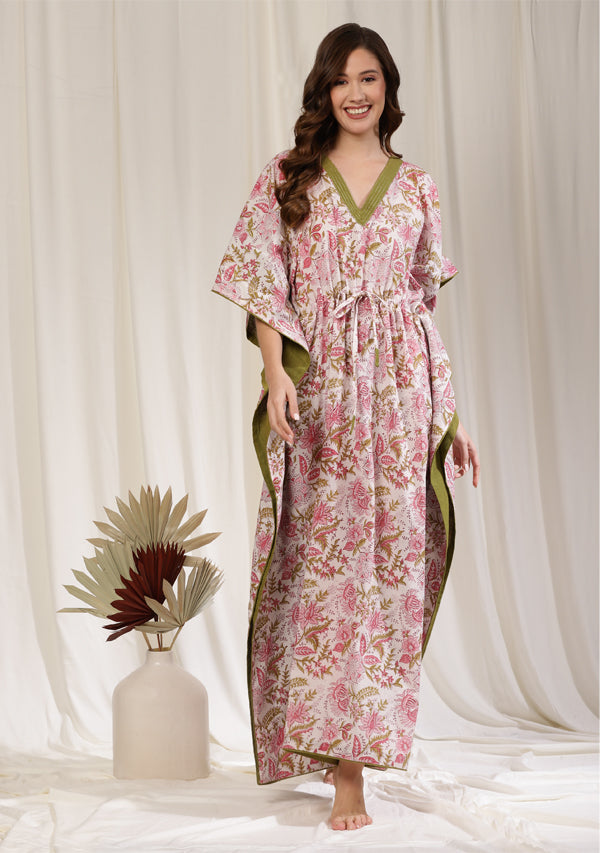White Pink Floral Hand Block Printed Cotton Kaftan with Bronze Trimmings on Neckline