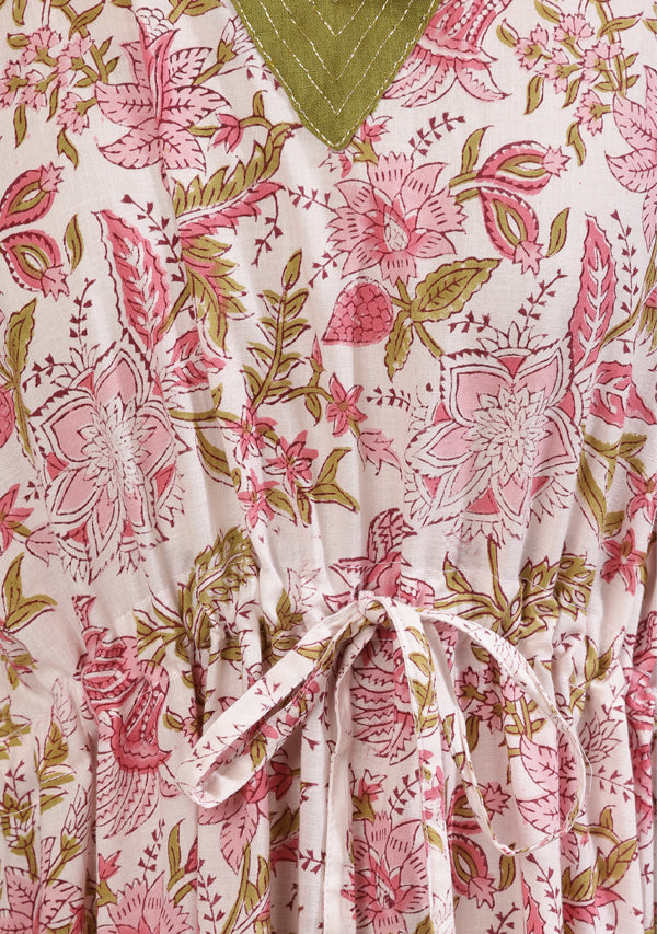 White Pink Floral Hand Block Printed Cotton Kaftan with Bronze Trimmings on Neckline