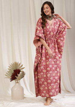 Peach Pink Floral Hand Block Printed Cotton Kaftan with Bronze Trimmings on Neckline