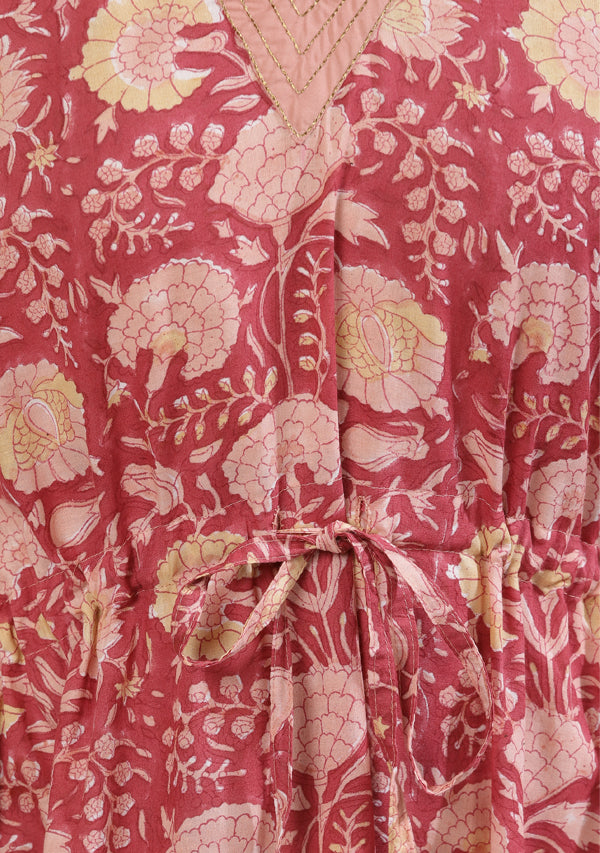 Peach Pink Floral Hand Block Printed Cotton Kaftan with Bronze Trimmings on Neckline