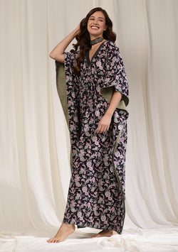 Black Pink Floral Hand Block Printed Cotton Kaftan with Bronze Trimmings on Neckline