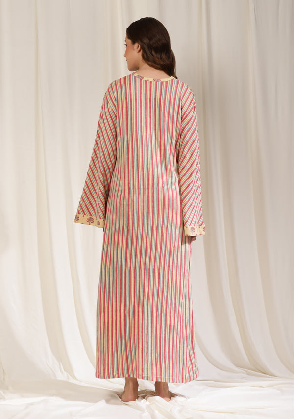 Beige Pink Striped Hand Block Printed Cotton Hosiery Night Dress with Flared Sleeves