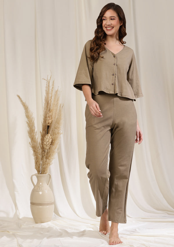 Khaki Cotton Hosiery  Front Open Crop Top with Pants