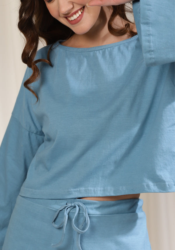 Blue Cotton Hosiery Flared Sleeves Crop Top paired with Shorts