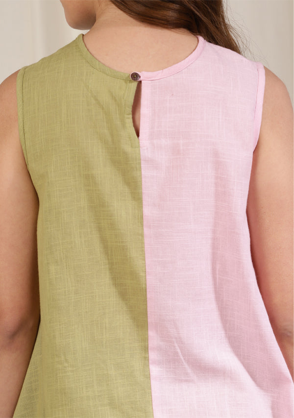 Mint Green Pink Hand Block Printed Sleeveless Cotton Top with Mid Length Flared Pants