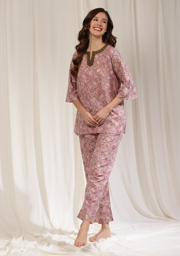 Mauve Khaki Floral Hand Block Printed Cotton Night Suit