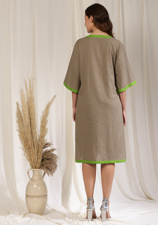 Brown Cotton Straight Dress with Front Slit and Contrast Neon Green Borders