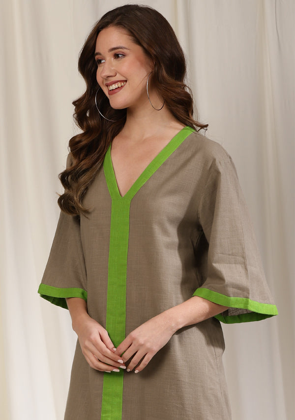 Brown Cotton Straight Dress with Front Slit and Contrast Neon Green Borders