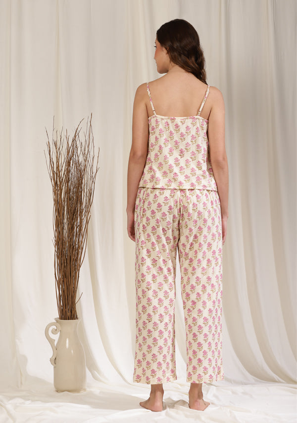 Off White Pink Hand Block Printed Cotton Hosiery Camisole with Pants