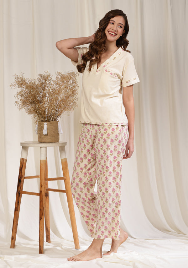 Off White Pink  Hand Block Printed Cotton Hosiery Top with Pants