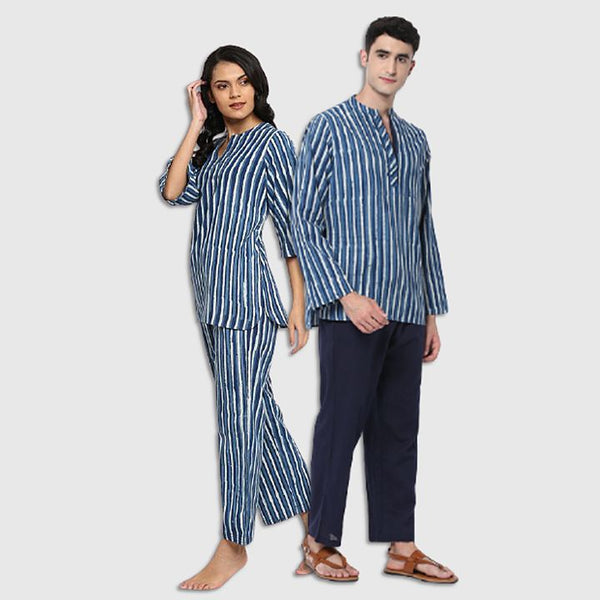 Couple's Wear - Indigo Ivory Hand Block Printed Striped Cotton Loungewear for "HIM & HER"