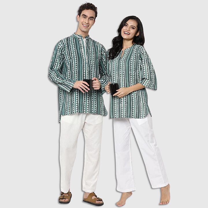 Couple's Wear - Aqua Green Hand Block Printed Cotton Loungewear for "HIM & HER"