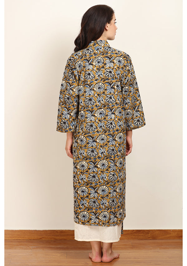 Mustard Blue Hand Block Printed Cotton Night Gown - unidra.myshopify.com