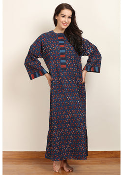 Indigo Maroon Hand Block Printed Flower Motif Night dress with Bell Sleeves - unidra.myshopify.com