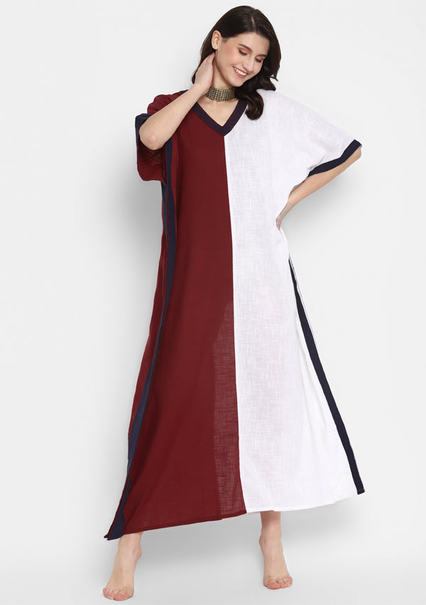 Maroon White V-Neck Cotton Kaftan with Contrast Stitch Lines