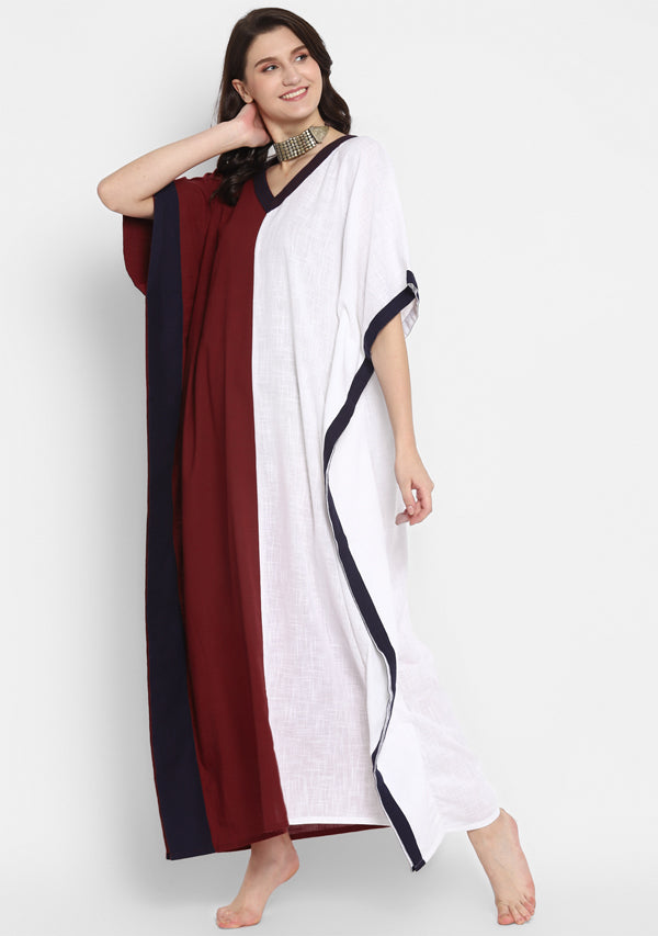 Maroon White V-Neck Cotton Kaftan with Contrast Stitch Lines