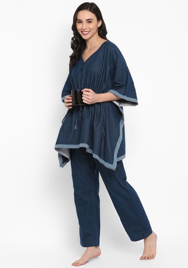 Flannel Navy Blue Short Kaftan With Pyjamas - unidra.myshopify.com