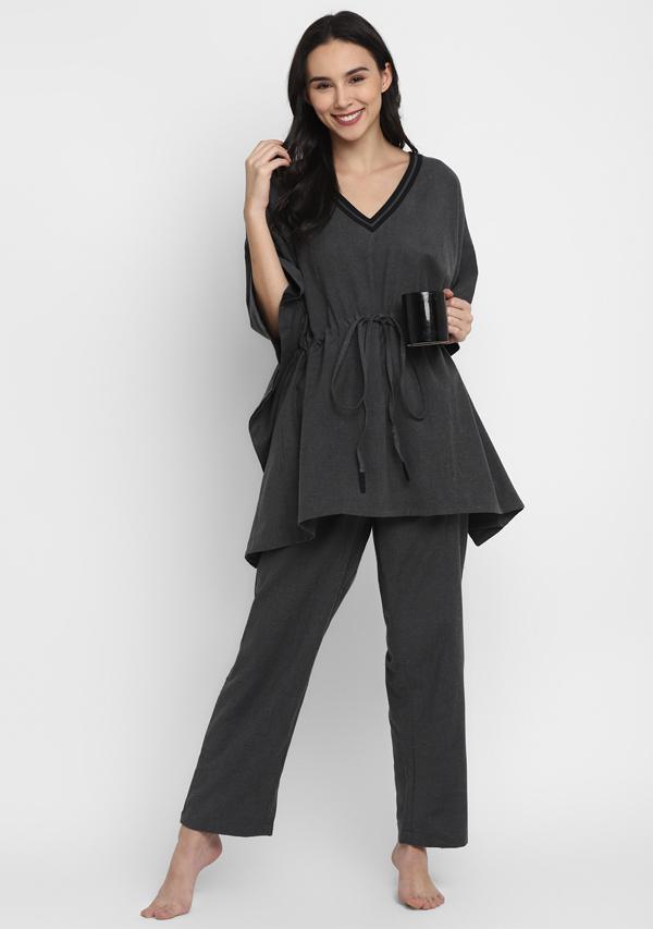 Flannel  Grey Black Short Kaftan With Pyjamas - unidra.myshopify.com