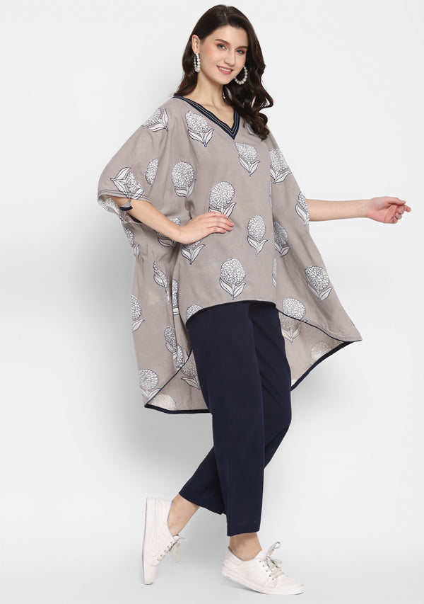 Beige And Navy Blue Hand Block Printed Flower Motif Asymmetric Cotton Tunic ( Only Top )