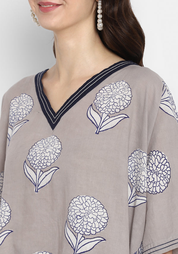 Beige And Navy Blue Hand Block Printed Flower Motif Asymmetric Cotton Tunic ( Only Top )