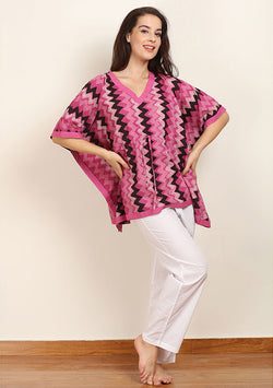 Pink Ivory Chevron Hand Block Printed Short Cotton Kaftan with White Pyjamas - unidra.myshopify.com