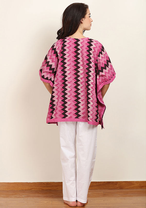 Pink Ivory Chevron Hand Block Printed Short Cotton Kaftan with White Pyjamas - unidra.myshopify.com