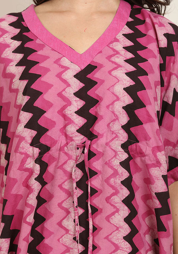 Pink Ivory Chevron Hand Block Printed Short Cotton Kaftan Tunic - unidra.myshopify.com