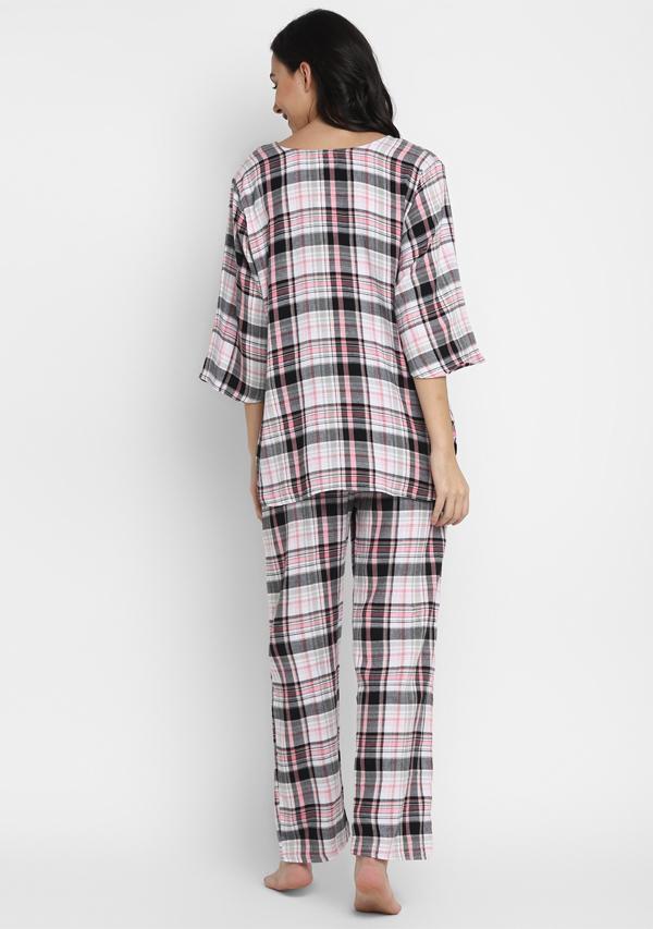 Flannel Pink Grey Check Night Suit - unidra.myshopify.com